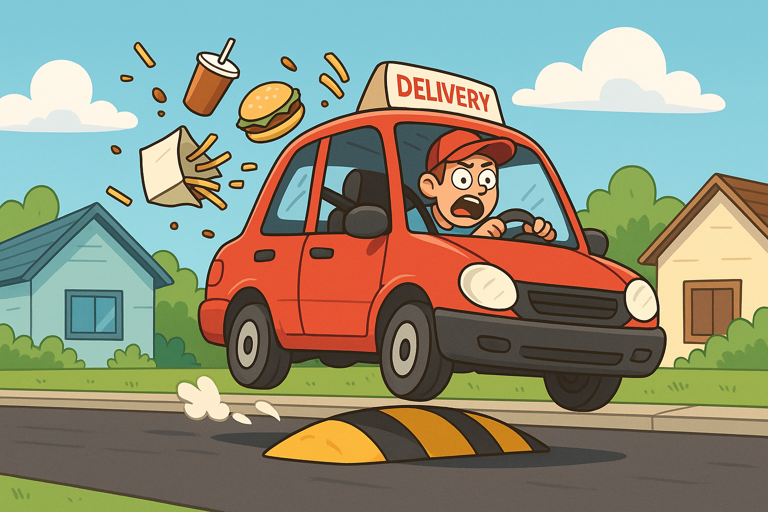 Cartoon speeding delivery driver hitting a speed bump — food and drinks flying everywhere