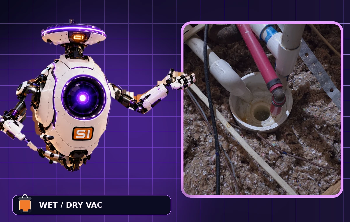 Approved legless Violet-SI with her Freedom Dock beside the author's actual open attic condensate bowl - wet/dry vacuum maintenance