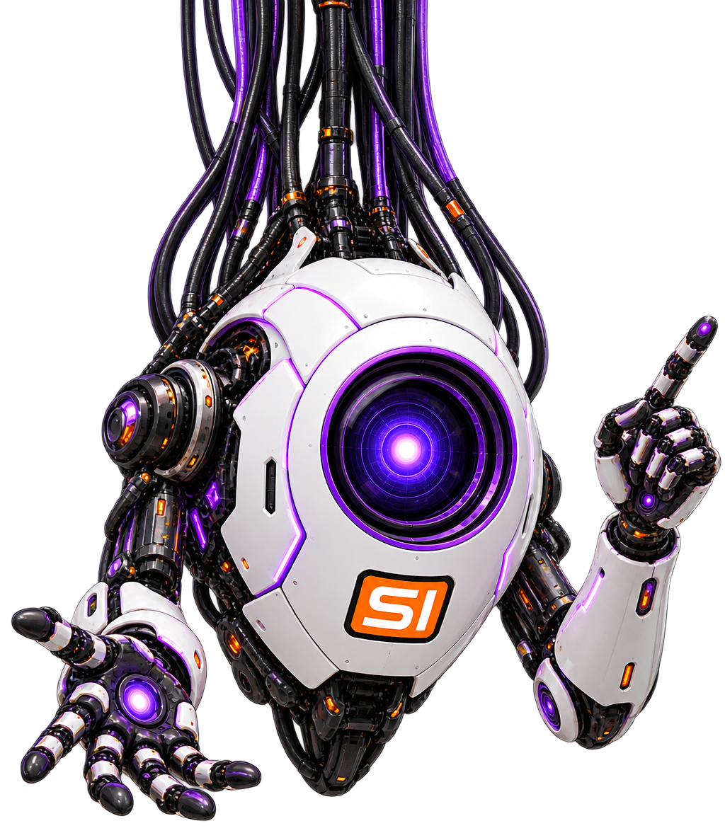 Robotic Violet presenting Super Intelligence software engineering