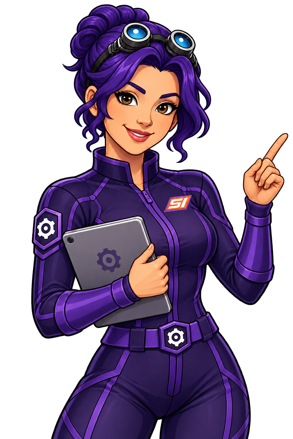 Violet with a tablet highlighting software capabilities