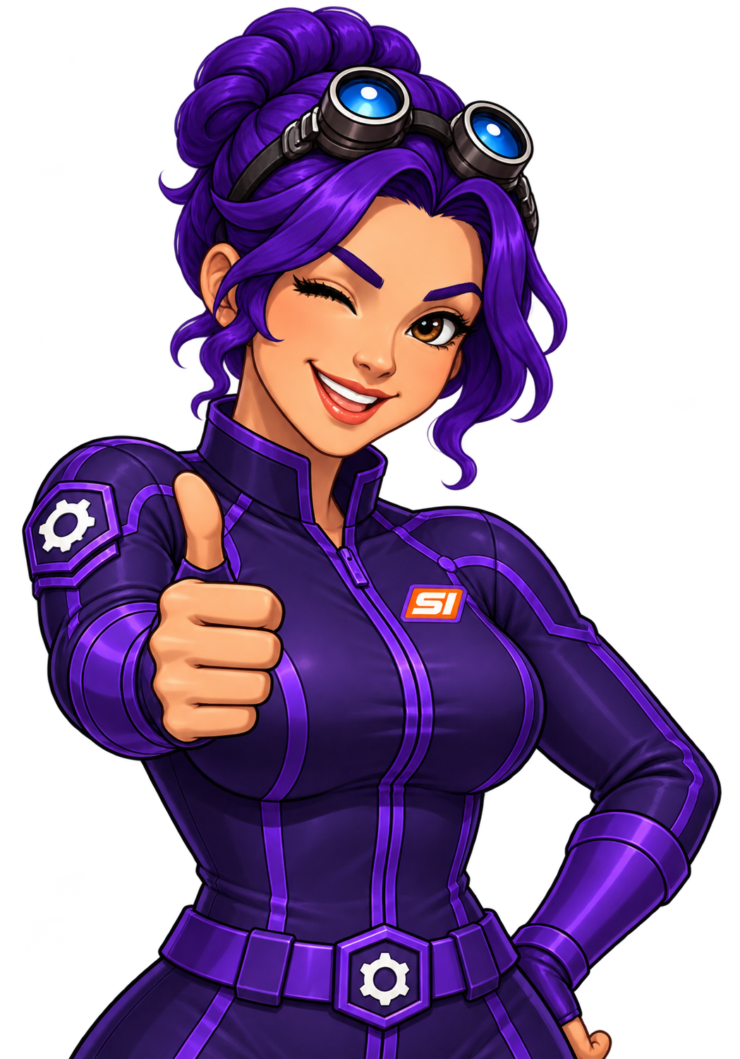 Violet winks and gives a thumbs-up wearing her official orange SI chest badge and white gear shoulder insignia.