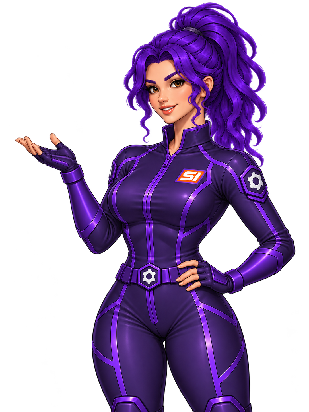 Violet smiling and gesturing invitingly, in her canonical purple SI uniform