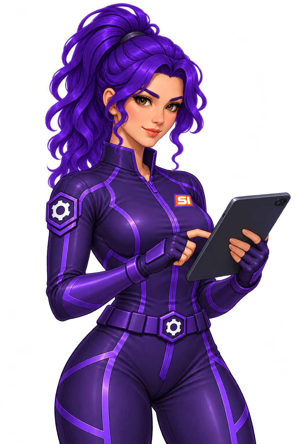 Violet holding a tablet in her canonical purple SI uniform, ready to help solve a problem